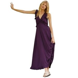 Anthropologie | Women's Purple V-Neck Ruffle Maxi Length Dress (US Size XL)